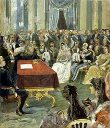 Het burgerlijk huwelijk van de prins van Napels - die Victor Emanuel III (Victor Emmanuel) (Vittorio Emanuele) werd - met prinses Helena van Montenegro in het Quirinaalpaleis in 1896. In het midden is Umberto I (Umberto) links van de bruid te zien.