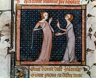 Het colloquium van Jaloezie en Schaamte Miniatuur in "Roman de la rose" door Jean de Meun, Jean de Meung of Jean Chopinel, Jean Clopinel (ca. 1370)