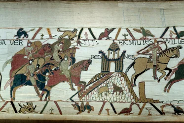 De verovering van Bretagne door de hertog van Normandië Willem de Veroveraar: de inname van Rennes (detail van het tapijt van Bayeux)