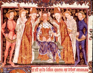 De kroning van een koning, waarschijnlijk koning Richard II van Engeland (1367-1400). Miniatuur uit het manuscript over kroningsrituelen, "Liber regalis", 14e eeuw. Pamplona, Archief van Navarra