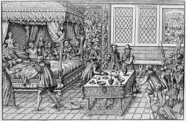 De dood van Hendrik II (1519-1559), koning van Frankrijk, in het Palais des Tournelles in Parijs, 30 juni