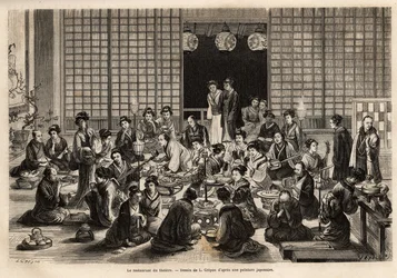 De eetkamer van het Yokohama Theater is permanent gevuld, zelfs tijdens de voorstelling. Gravure ter illustratie van de reis naar Japan, door Aime Humbert, minister van de Zwitserse Confederatie, in 1863-1864, gepubliceerd in 
