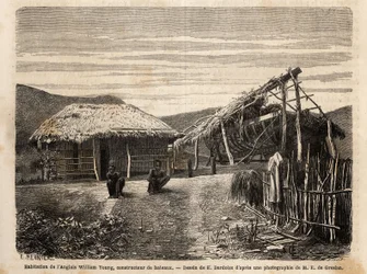 De woning en scheepswerf van een Engelse bouwer nabij Noumea, die inheemse arbeid gebruikt of hen veroordeelt tot het einde van hun zware werk. Gravure ter illustratie van de reis naar Nieuw-Caledonië, door Jules Garnier, civiel ingenieur van mijnen, in 18