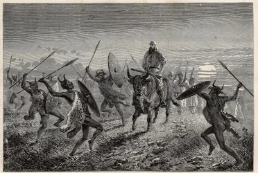 De escorte toegewezen aan de reiziger Baker, voert een fantasia uit voordat hij vertrekt naar het Albertmeer (of Albert Nyanza). Gravure om de reis naar het Albertmeer van 1861-1864 te illustreren, door Sir Samuel White Baker, in 