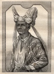 De expeditie rond de wereld (1790-1792) door Kapitein Etienne Marchand (1755-1793): portret van de koning van het eiland Timor (Indonesisch archipel) - illustratie uit 