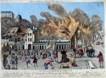 De brand van de Saint Germain kermis in Parijs, in de nacht van 16 op 17 maart 1762, gezien vanaf de deur van de Treille. Gravure uit de 18e eeuw