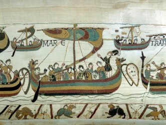 De vloot van Willem I de Veroveraar (1027-1087) steekt het Kanaal over naar Engeland. Tapijt van Bayeux of Borduurwerk door koningin Mathilde