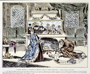 De toekomst getoond aan Catherine de Medici (Caterina de Medici) in een betoverde spiegel - Populaire afbeelding uit de 18e eeuw