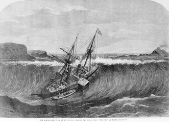 De gigantische golf van de tsunami van december 1867 in Saint Thomas, Maagdeneilanden valt op het wielschip La Plata. Gravure van de 19e eeuw.
