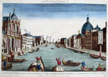 Het grote kanaal van Venetië. Rechts: het klooster van Santa Claire en de kerk van Carmes Deschaussés. Links: kerk van St. Simon en St. Jude.