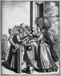 De hulp van soep in Parijs tijdens de hongersnood van 1709. Tekening door Sellier, naar een achttiende-eeuwse prent