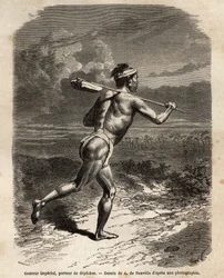 De keizerlijke koerier, die de depêches van de Mikado draagt. Gravure ter illustratie van de reis naar Japan, in 1863-1864, door Aime Humbert, minister van de Zwitserse Confederatie, in 