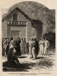 De inspectie van rekruten bij de drempel van de kerk van Marcapata (Peru), door de pastoor van het dorp, die de gezondheidstoestand en kracht van de welwillende Indianen verifieert, om het team van dragers van de auteur te vormen. Gravure ter illustratie v