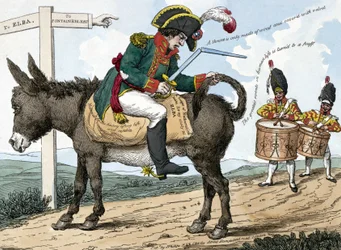 De reis van een moderne held naar het eiland Elba. Deze cartoon toont Napoleon Bonaparte zittend op een ezel op de weg van Fontainebleau naar het eiland Elba; hij houdt een gebroken zwaard in één hand.