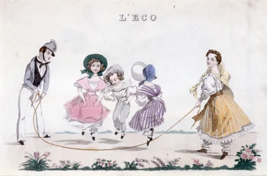 Het springtouw, groep kinderen van de bourgeoisie die spelen. 1830