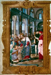‘De koning raakt u aan, God geneest u.’ Koning Hendrik II (1519-1559), de wonderdoener, geneest iemand die aan scrofulose lijdt in de abdij van Saint-Marcoul, vlak na de kroningsceremonie in Reims. Naast hem staat de aartsbisschop van Reims. Miniatuur uit