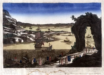 De landing van de Fransen voor de oprichting van de nieuwe kolonie in de haven van Nouvelle Cayenne (of Frankrijk Equinoxiale)