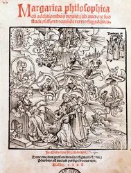 De vrije kunsten: trivium (grammatica, logica en retorica) en quadrivium (rekenkunde, meetkunde, muziek en astronomie) (gravure)