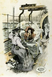 Het leven van passagiers aan boord: een jonge vrouw heeft last van zeeziekte.