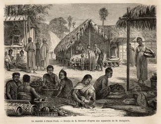 De markt in Phnom Penh, waar Maleisische winkeliers en Chinese handelaren een breed scala aan consumenten- en fabricageproducten aanbieden. Gravure ter illustratie van de ontdekkingsreis in Indochina, door Francis Garnier, luitenant de Vaissseau, in 1866-1