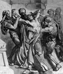De bezetenen van Kafarnaüm. Ondanks de wonderen verricht door Jezus, weigerde de stad zich te bekeren. Gravure uit de 19e eeuw.