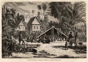 De productie van aardewerk in Saniaboury (Laos). Gravure ter illustratie van de ontdekkingsreis in Indochina, door Francis Garnier, luitenant de Vaissseau, in 1866-1868, gepubliceerd in 