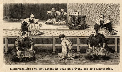 De stadia van gerechtigheid: ondervraging, het voorlezen van de aanklacht aan de beschuldigde, die voor zijn rechters staat, knielt, zijn nek vastgehouden door een touw vastgehouden door een bewaker. Gravure ter illustratie van de reis naar Japan, in 1863-