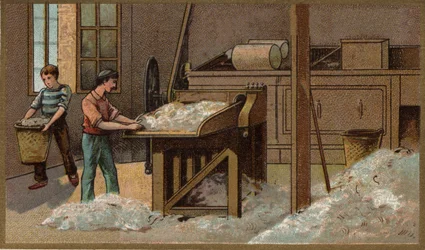 De wolindustrie: dorsen. Chromolithografie uit het einde van de 19e eeuw