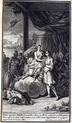 Thetis brengt Achilles de nieuwe wapens die zij door Vulcanus voor hem heeft laten maken; en deze prins, nadat hij ze heeft ontvangen, doet afstand van zijn woede tegen Agamemnon en bereidt zich voor om de dood van zijn vriend te wreken. Illustratie van bo