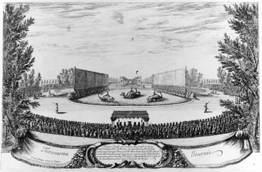 Derde dag: theater opgezet in het midden van de Grote Vijver, voorstellende het eiland van Alcine... Gravure 1676