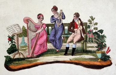 Drie mensen die muziekinstrumenten bespelen in een tuin: harp, lier, altviool. Ets uit de 18e eeuw.
