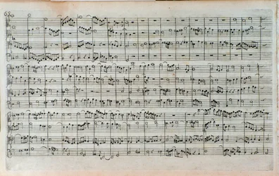Titelpagina van muzikale partituur van De Kunst van de Fuga, de laatste en onvoltooide fuga, door Johann Sebastian Bach