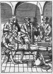 Marteling in de Middeleeuwen: de waterkwestie. Vastgebonden met touwen, wordt water op een doek gegoten die in de keel wordt geduwd. Gravure uit de 18e eeuw naar een gravure uit de Middeleeuwen.