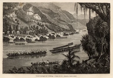 Traditionele kanorace op de Mekong-rivier, georganiseerd elk jaar aan het einde van het regenseizoen, als een prestigieuze competitie tussen de nabijgelegen vissers- en landbouwdorpen. Gravure ter illustratie van de ontdekkingsreis in Indochina, door Fran