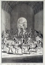 Traditionele dans: Riten in de karibische moeddans, West-Indië (Centraal-Amerika). Gravure uit de 18e eeuw. Chartres, Museum voor Schone Kunsten