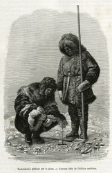 Tschuktschis vissen op ijs in Koljutschin Bay (poolcirkel). Gravure uit de Zweedse editie, ter illustratie van het verhaal 