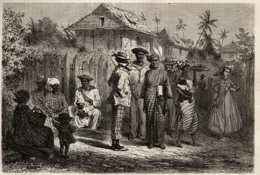 Typen van inheemse Cayenne (Frans-Guyana), vrouwen gekleed in een knoopjurk van madras en gekleed met kleurrijke tulbanden, de mannen hebben het westerse kostuum overgenomen. Gravure om de reis in Frans-Guyana in 1862-1863 te illustreren, door Frederic Bou