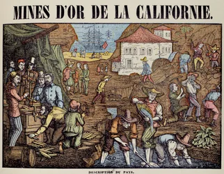 Verschillende activiteiten van een goudmijn in Californië: zoeken naar klompjes, wegen, kopen, verlaten van de goederen. Gravure uit de 19e eeuw. Parijs, decoratieve kunsten
