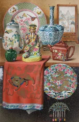 Verschillende voorbeelden van Chinese kunst en decoratie