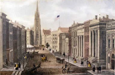 Uitzicht op New York: Wall Street uitzicht op William Street. Lithografie sd. rond het midden van de 19e eeuw.