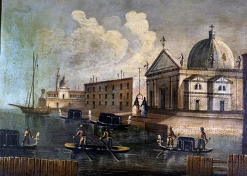 Uitzicht op de lagune van Venetië en gondels. Anoniem. 18e eeuw.