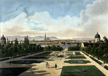 Uitzicht op het Belvedere van Wenen, Oostenrijks barokpaleis gebouwd door Eugene de Savoye. Lithografie uit de 19e eeuw