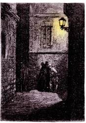 Uitzicht op een donkere steeg in de wijk Whitechapel in Londen. 18e eeuwse gravure