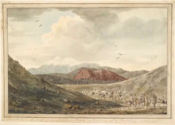 Uitzicht op een berg, nabij Hekla met een reizende karavaan