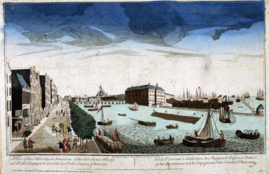 Zicht op de Admiraliteit in Amsterdam van de winkels van de bassins en bouwplaatsen in eigendom van hen en de Compagnie van de Oost-Indië van Holland - Optische weergave