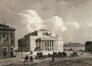 Zicht op het Bolshoi Theater in Moskou, Rusland in 1838. Gravure uit de 19e eeuw