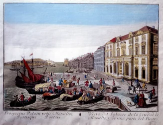 Zicht op het stadhuis en een deel van de haven van Marseille. Scène van handelsactiviteiten en het lossen van goederen op de kade. Anonieme gravure uit de 18e eeuw Marseille, Musee de la Marine