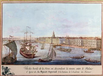 Uitzicht op de Neva bij het Winterpaleis en de Academie van Wetenschappen in Sint-Petersburg