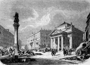 Zicht op de Place de la Bourse in Triëst (tijdens de Oostenrijkse periode), gravure uit de 19e eeuw
