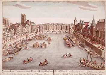 Zicht op de Pont-au-Change richting Saint-Jacques Toren, Parijs (gravure)